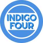 Logo der Band "Indigo Four". Kreis, in der Mitte der Bandbname.