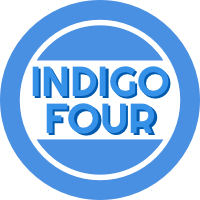 Logo der Band "Indigo Four". Kreis, in der Mitte der Bandbname.