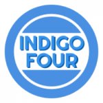 Logo der Band "Indigo Four". Kreis, in der Mitte der Bandbname.