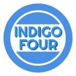 Logo der Band "Indigo Four". Kreis, in der Mitte der Bandbname.